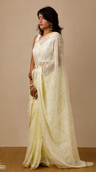 Lemon Yellow Tepchi Chikankari Kota Doria saree