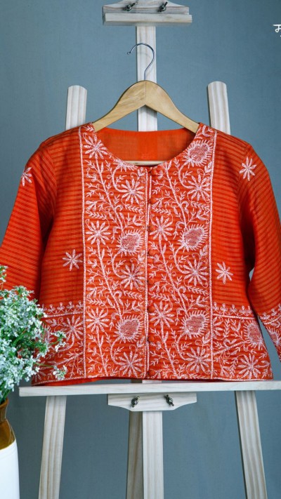 Mandarin Orange Chikankari Ek Daana Tepchi Blouse