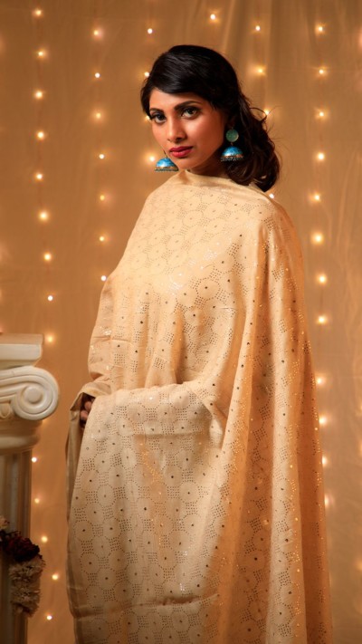 SADHANA - Cream Coloured Mooga Silk Mukaish Embroidery Dupatta
