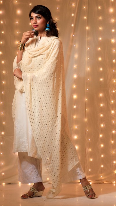 NUTAN - Cream Coloured Pure Georgette Mukaish Embroidery Dupatta