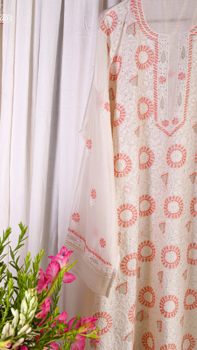White Tangerine Tepchi Kurta Dupatta Ensemble