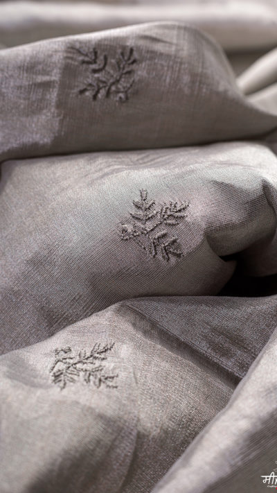 Three Petal Fern Silver Zari Silk Shawl
