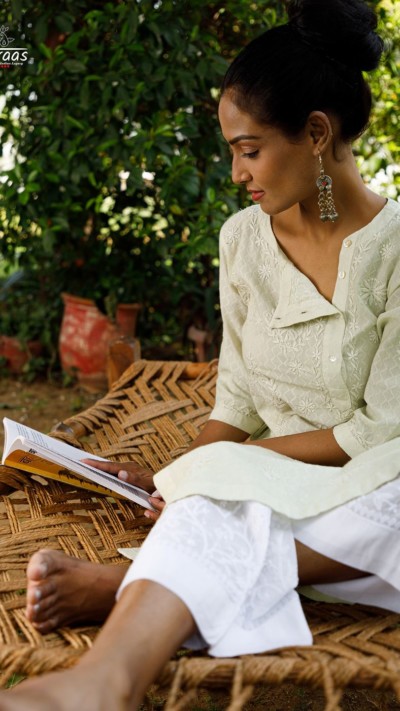 Nawabi Ecru Chikankari Cotton Kurta