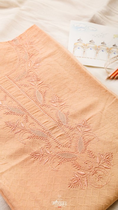 Orange Biskoot Chikankari Cotton Kurta Fabric