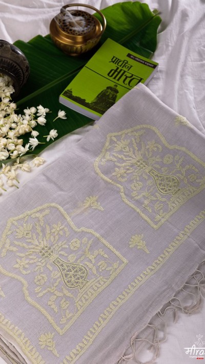 Yakshi Amer Chikankari Handloom Linen Saree
