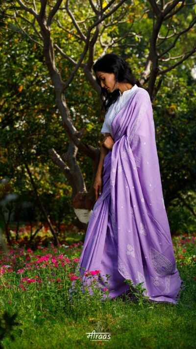 Black Currant Chikankari Cotton Saree