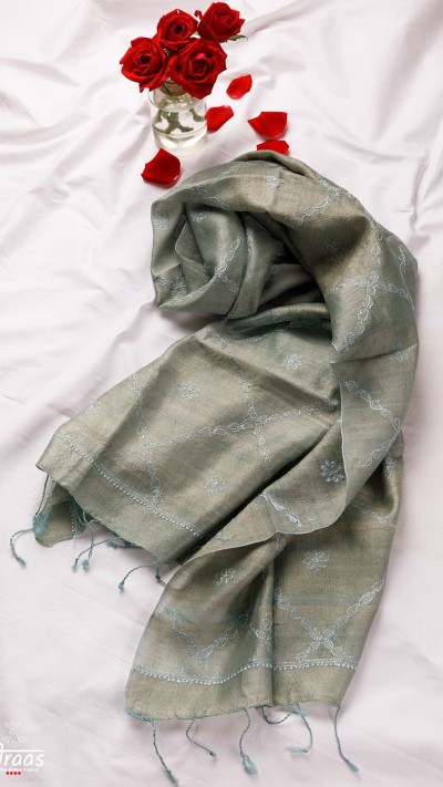 Olive Tussar Silk Chikankari Stole