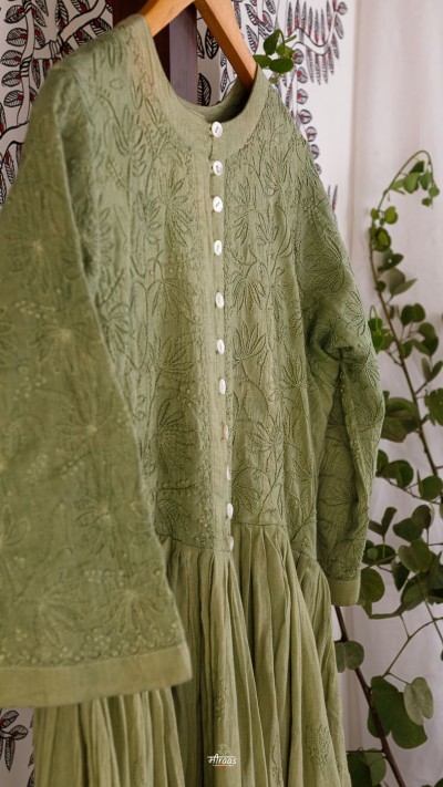 Zou Bisou Olive Chikankari Dress